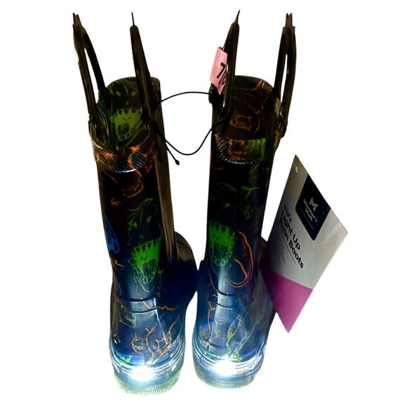 NEW Light Up RAIN BOOTS 7/8 Boys Kids Dinosaur T REX Rubber Boot Shoes Lights - Picture 8 of 9
